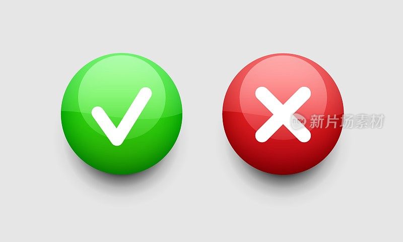检查标记和交叉图标。绿色和红色的3d按钮与白色的复选标记和十字。矢量剪贴画孤立在白色背景上。