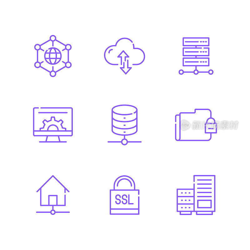 网络技术相关线路图标集。轮廓符号集合，可编辑的描边
