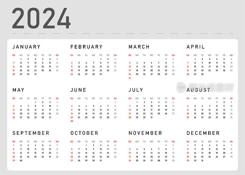 日历2024矢量插图模板。一周从周日开始，