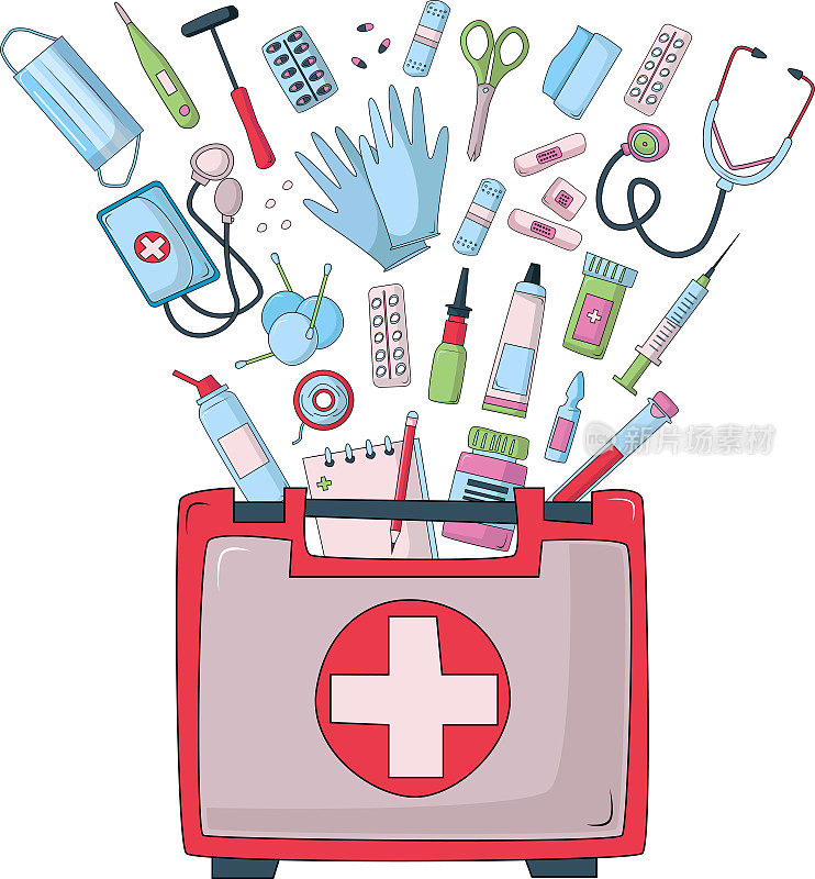 急救箱。药品、药品、设备。