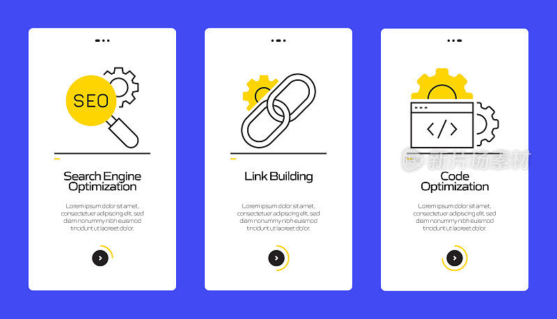 搜索引擎优化概念Onboarding移动应用程序页面屏幕与平面图标。UI设计模板矢量插图