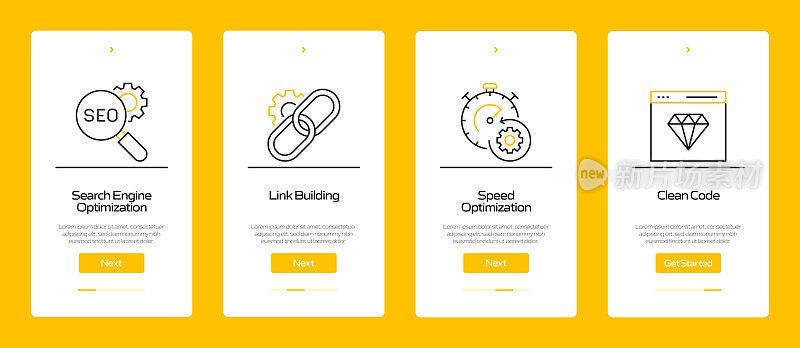 搜索引擎优化概念Onboarding移动应用程序页面屏幕与平面图标。UI设计模板矢量插图