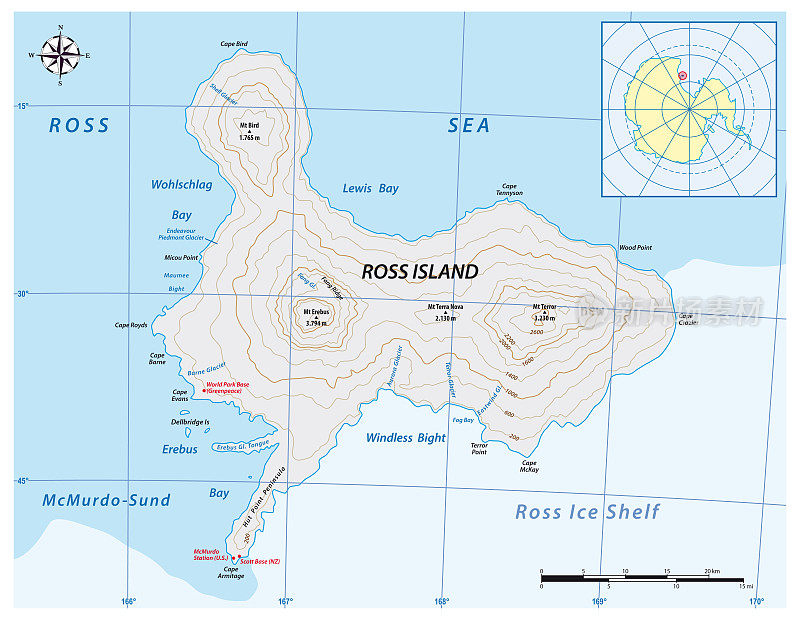 南极洲罗斯火山岛的详细矢量地图