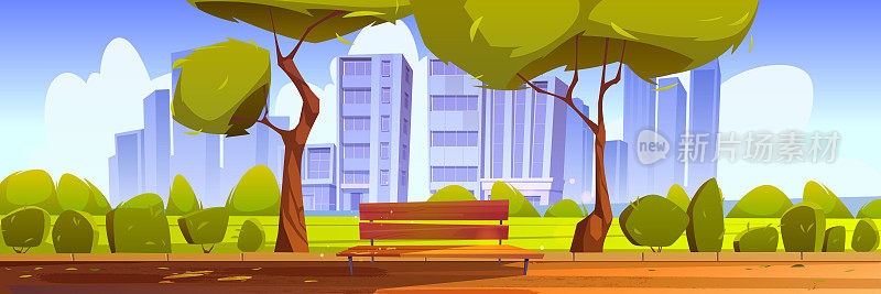 城市公园或人行道上有长凳和绿树