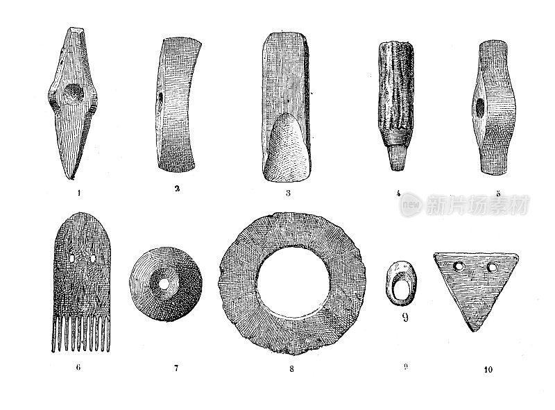 古董插图:湖畔居民，新石器时代，工具