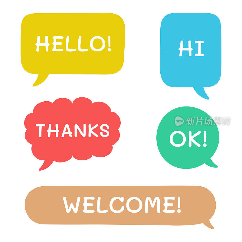 手绘语音气泡图标集。你好,嗨,谢谢,好的!欢迎来到语音气泡矢量设计。