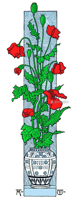 花卉装饰与玉米罂粟在花瓶装饰艺术新1896年