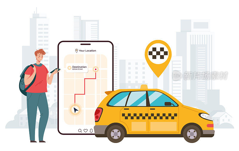 在线互联网出租车服务手机app概念。矢量卡通设计元素插图