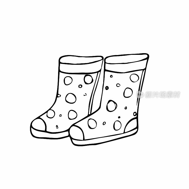 胶靴孤立在白色背景上。在水坑里行走的秋鞋。防水靴子。一个在花园里工作的园丁的靴子。矢量插图在涂鸦风格