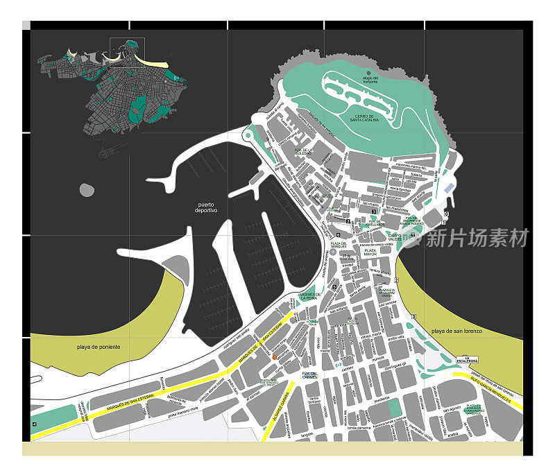 西班牙阿斯图里亚斯市Gijón城市中心详细街道地图。矢量插图。