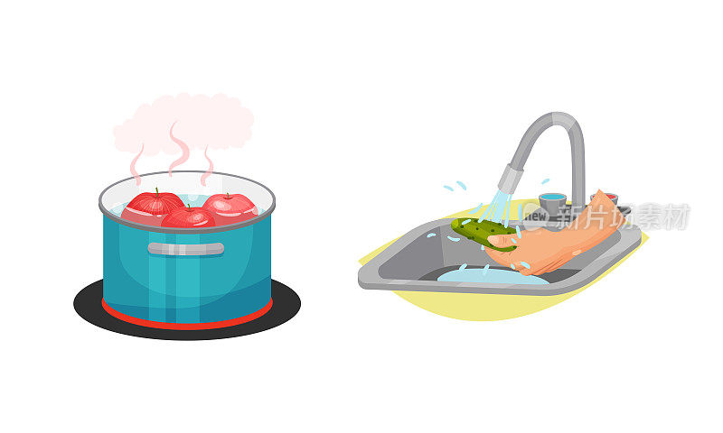 用自来水和炉灶上煮锅清洗黄瓜作为蔬菜烹饪过程向量集