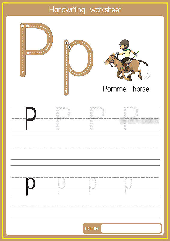 矢量插图鞍马与字母P大写字母或儿童学习练习ABC