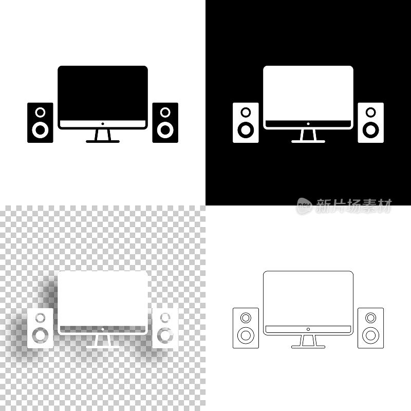 带扬声器的台式电脑。图标设计。空白，白色和黑色背景-线图标