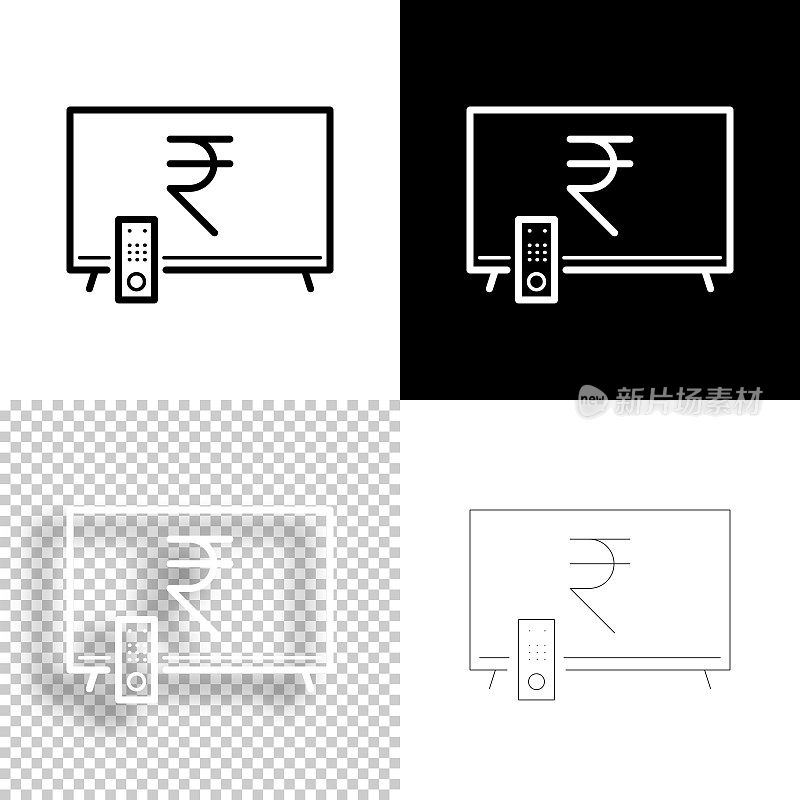 电视上印着印度卢比的标志。图标设计。空白，白色和黑色背景-线图标