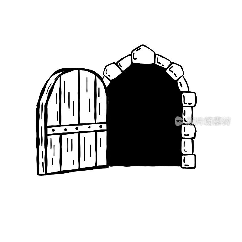 古老的城堡木门。要塞或房屋的古代入口。