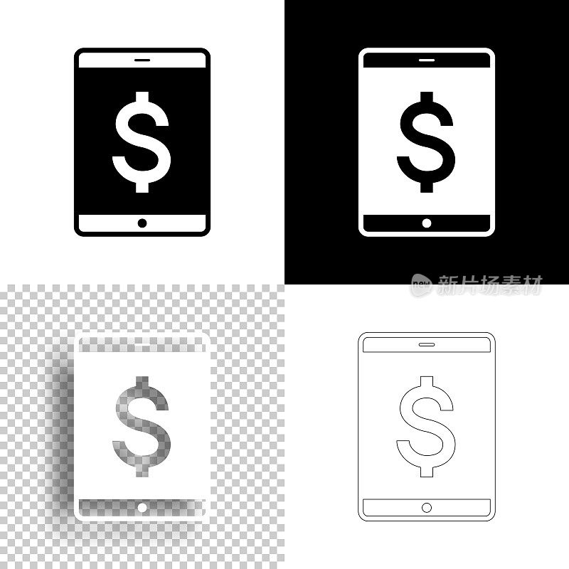 带美元符号的平板电脑。图标设计。空白，白色和黑色背景-线图标
