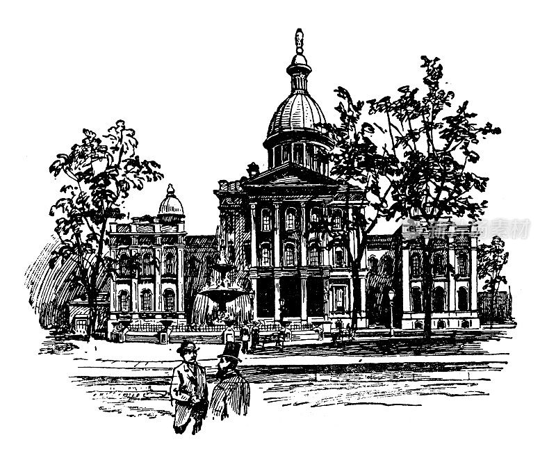 美国，威斯康星州地标和公司的古董插图:密尔沃基，县法院
