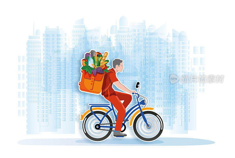 在城市插图中，送货员骑着自行车给客户送食物