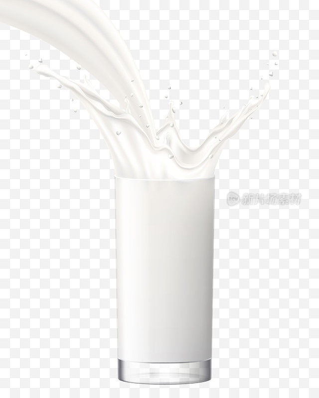 牛奶溅在玻璃杯里。牛奶或酸奶倒入玻璃杯中。逼真的3d矢量插图，孤立在透明背景上