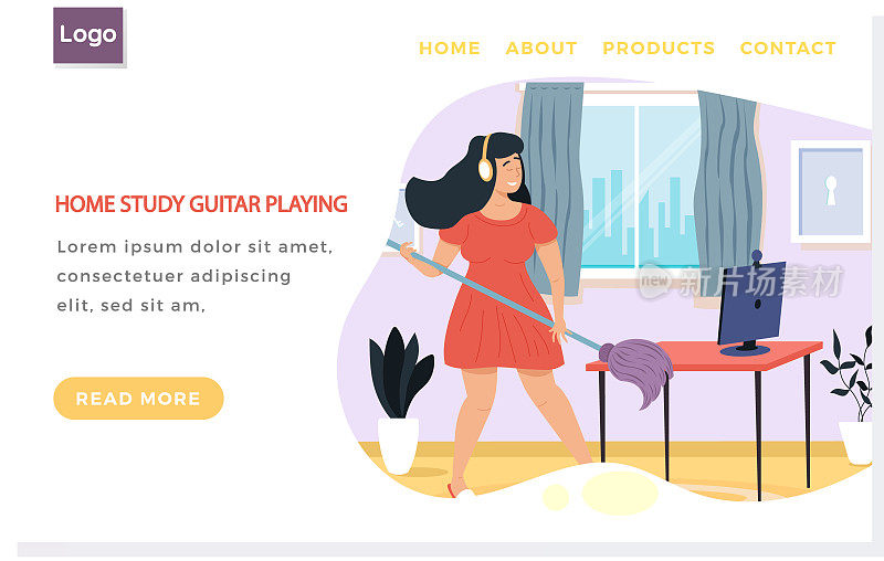 关于在家学习吉他演奏的网站。戴耳机的女孩想象着吉他和歌声