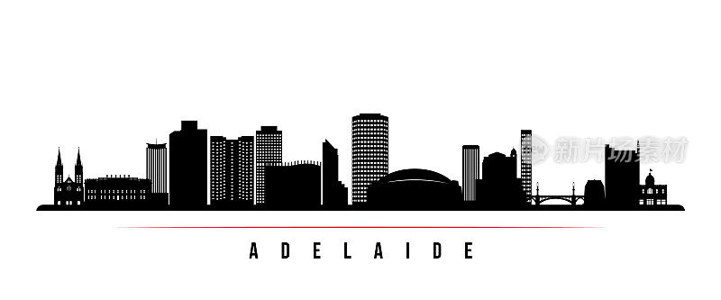阿德莱德天际线横条旗。澳大利亚阿德莱德的黑白剪影。为您的设计矢量模板。