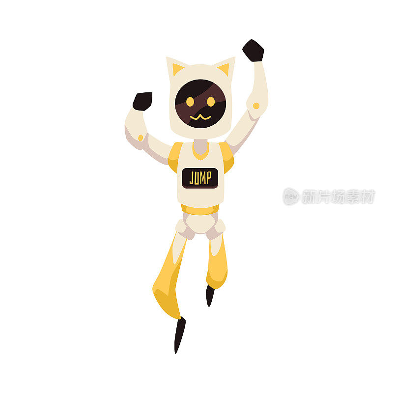欢快的机器人吉祥物与猫耳朵跳跃，平面矢量插图孤立在白色背景。