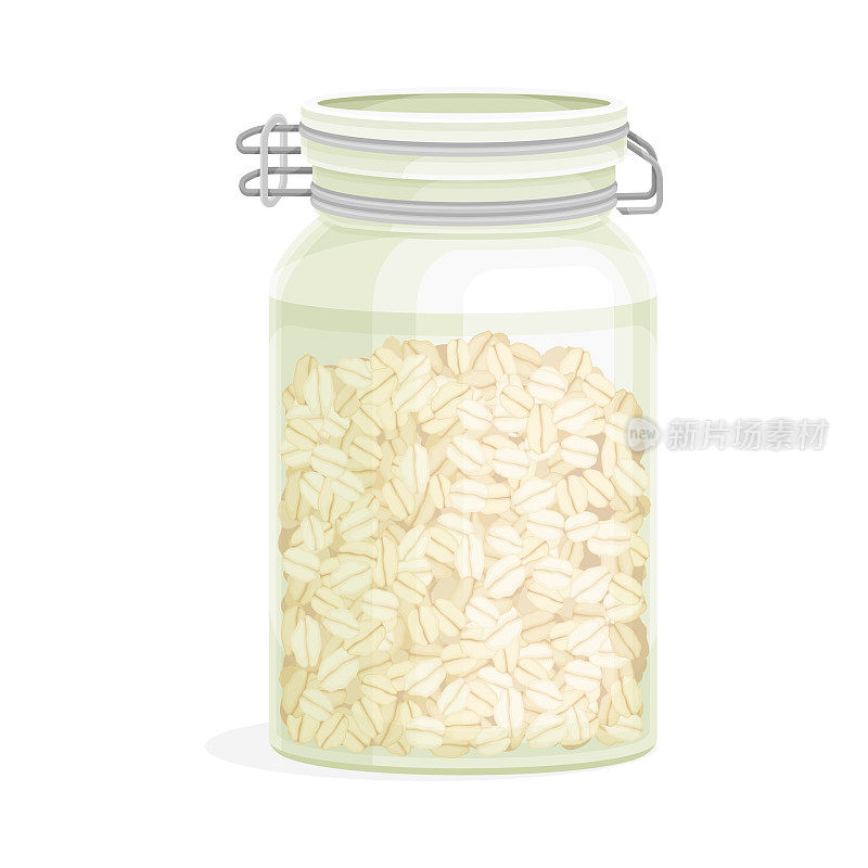 玻璃罐燕麦片作为全谷物食品与扁平的燕麦卷矢量插图
