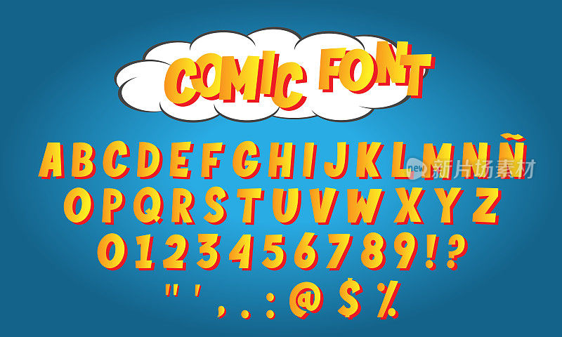 漫画风格的字母和数字标题，标题，海报，漫画或横幅。卡通排版字体