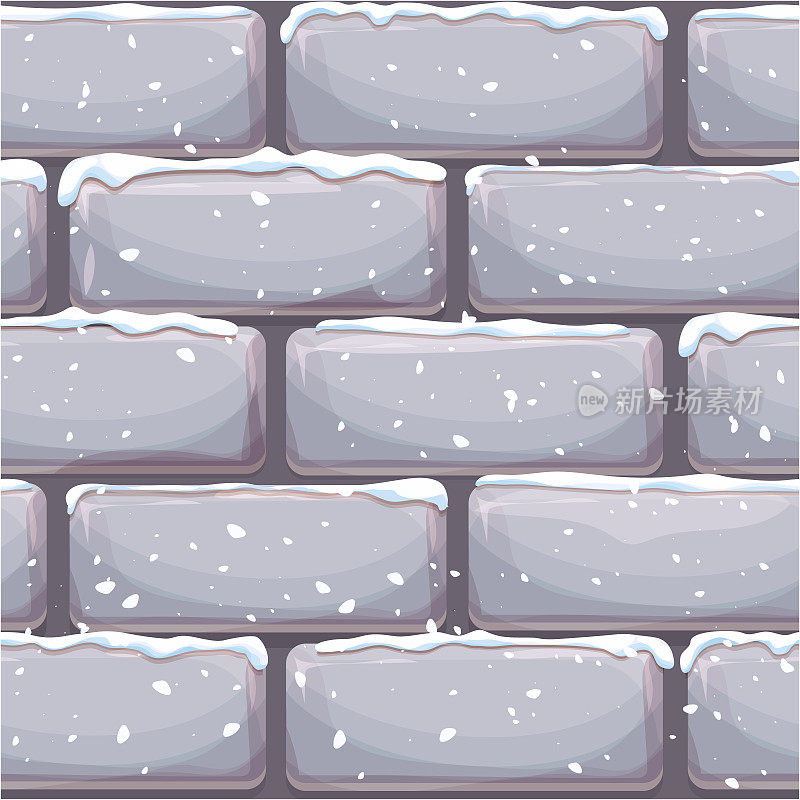 砖墙用雪，石头砖，岩石表面卡通风格，冬季无缝背景。Ui游戏资产，人行道或道路。纹理和详细。矢量图