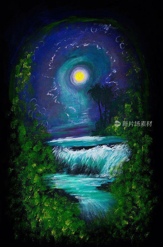 月光洒在森林瀑布上