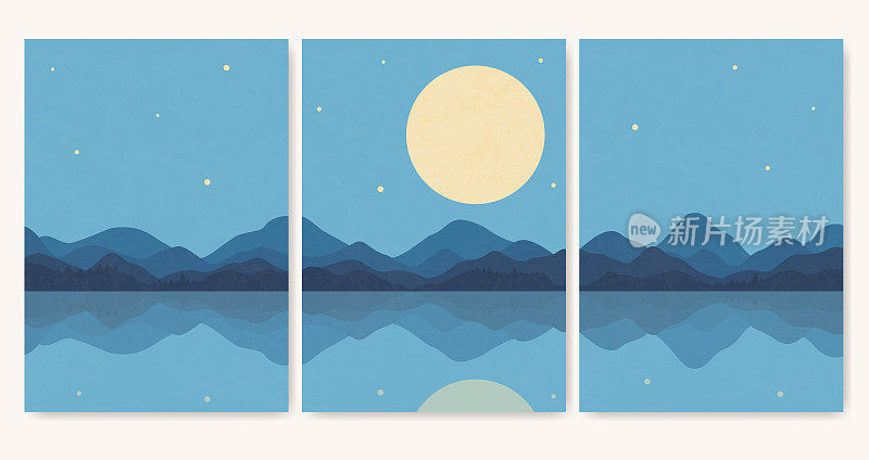 夜景山水海报套装插图。