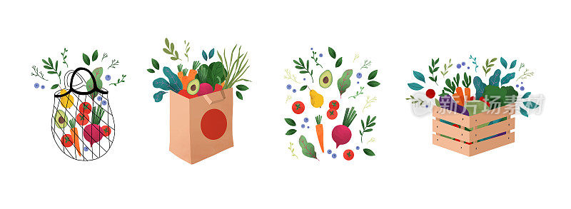 矢量插图-木盒和杂货袋与生蔬菜，水果。西红柿，牛油果，茄子，甜菜根和绿色蔬菜。素食主义者的生活方式。适合超市，当地商店，快递，市场