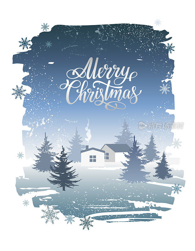 圣诞快乐明信片或横幅设计与冬季云杉林和房子。喜庆的蓝色横幅。