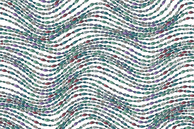 无缝波浪图案与游泳的鱼在白色背景