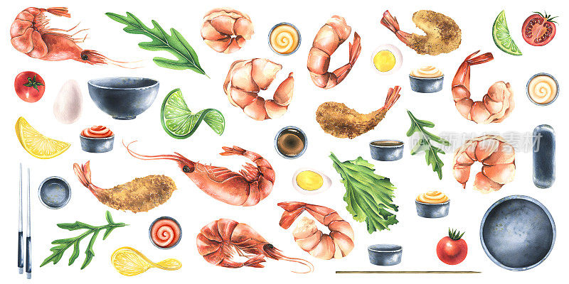 一大套，有不同的虾、蔬菜、陶瓷菜肴和食材。来自虾系列的水彩插图。用于菜单，食谱，标志，厨房，纺织品的装饰和设计