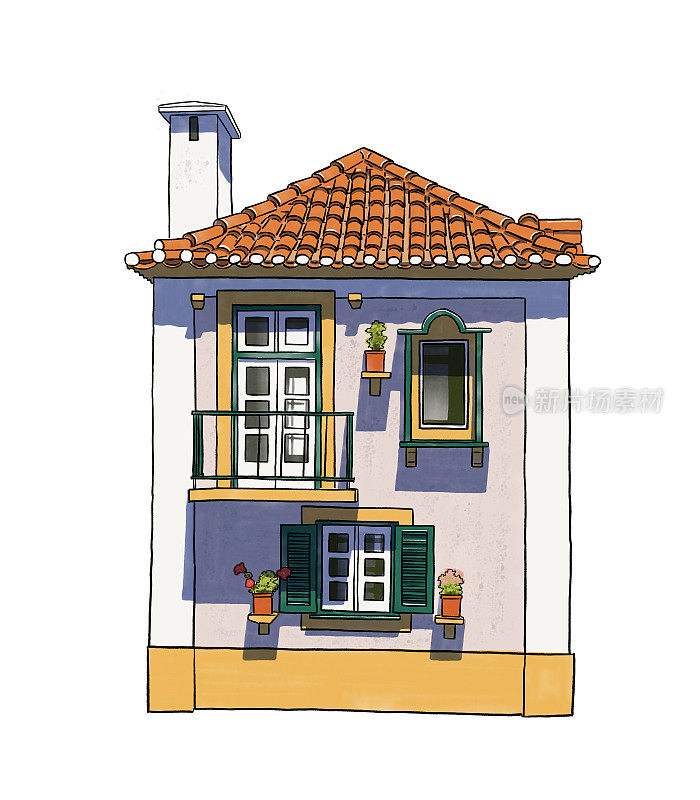 小房子前面的家经典风格手绘水彩插画