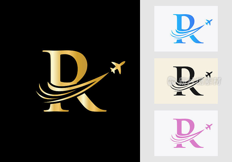 字母R旅行标志概念与飞行的飞机符号