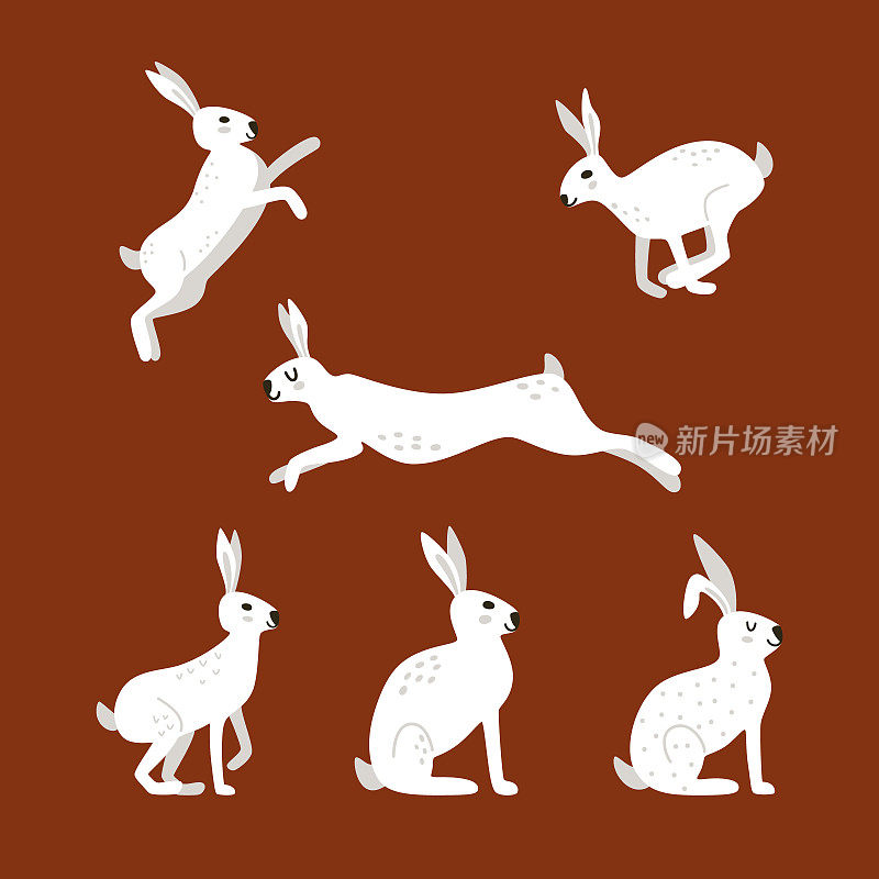 北欧风格的可爱卡通小白兔。矢量手绘动物托儿所在红色背景。