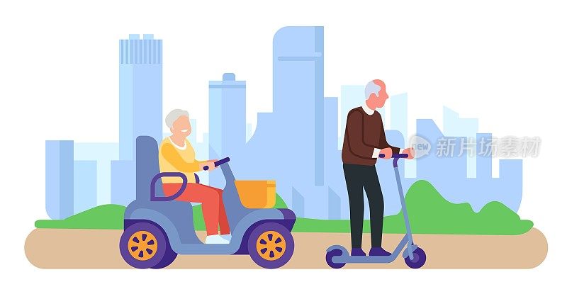 一位残疾妇女坐着电动轮椅和她的老人一起穿过公园。电力传输。退休的人走路。城市交通。领养老金的人乘滑板车出行。向量的概念