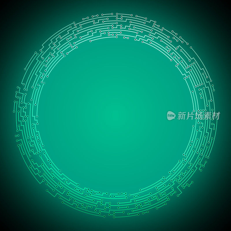 绿松石电路板风格的抽象圆形电子背景图案。
