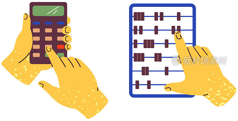 使用设备计数的会计。一组五颜六色的手拿着计算器和算盘