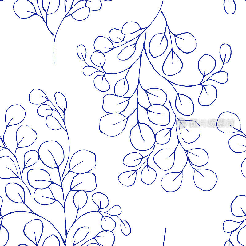 无缝模式与蓝色桉树花束在白色背景。中国风格的启发。