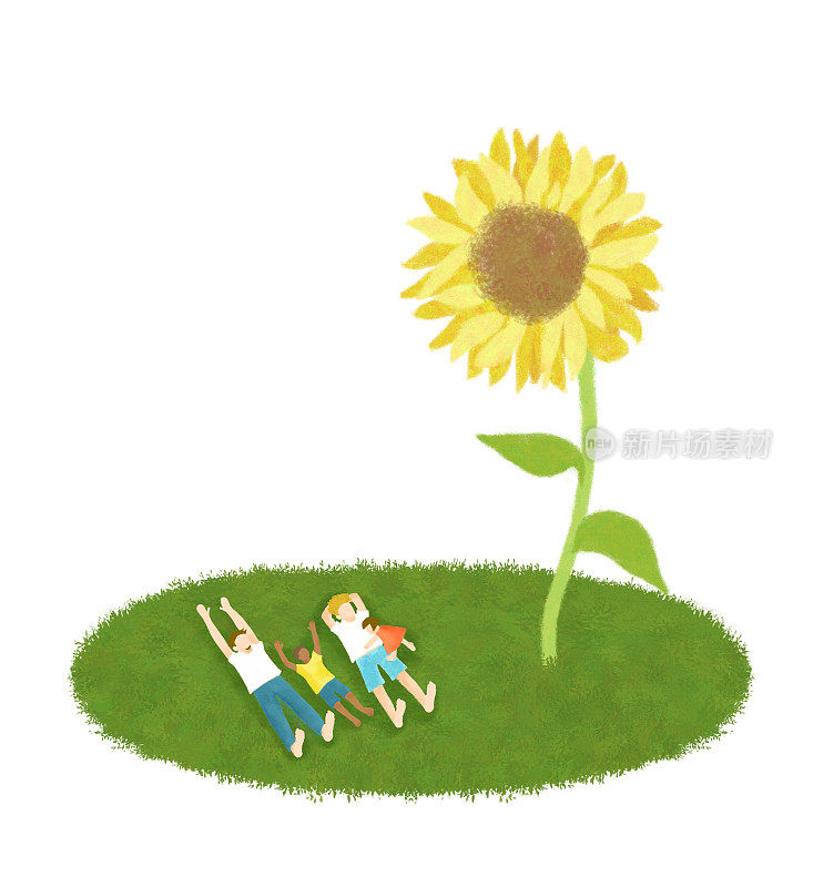 一家人在一棵大向日葵旁休息:两个男人，男孩和女孩。