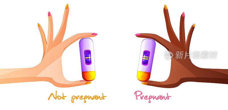 卡通风格的怀孕计划概念。不同国家种族的女性手拿着白色背景上的阳性和阴性妊娠测试。