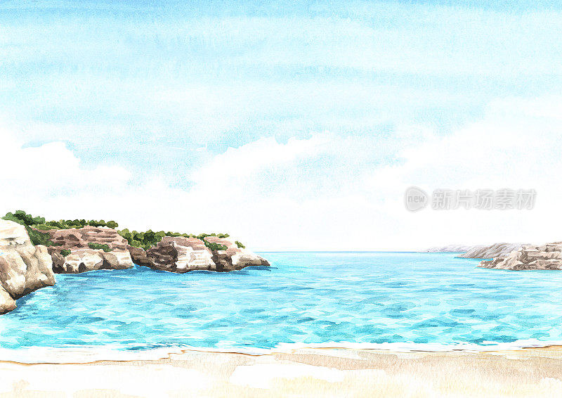 海景，蓝色的泻湖。热带海滩与大海和蓝天，暑假概念和背景。手绘水彩插图