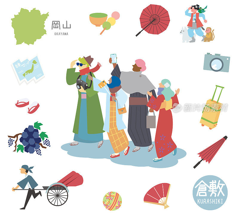 日本冈山仓敷市，身穿和服和著名景点标志的外国游客组(平)