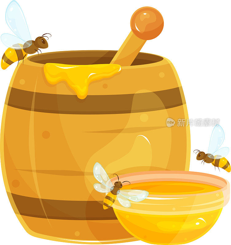 矢量插图的桶与蜂蜜，蜜蜂坐在木桶与蜂蜜，一个碟子与蜂蜜，飞来飞去