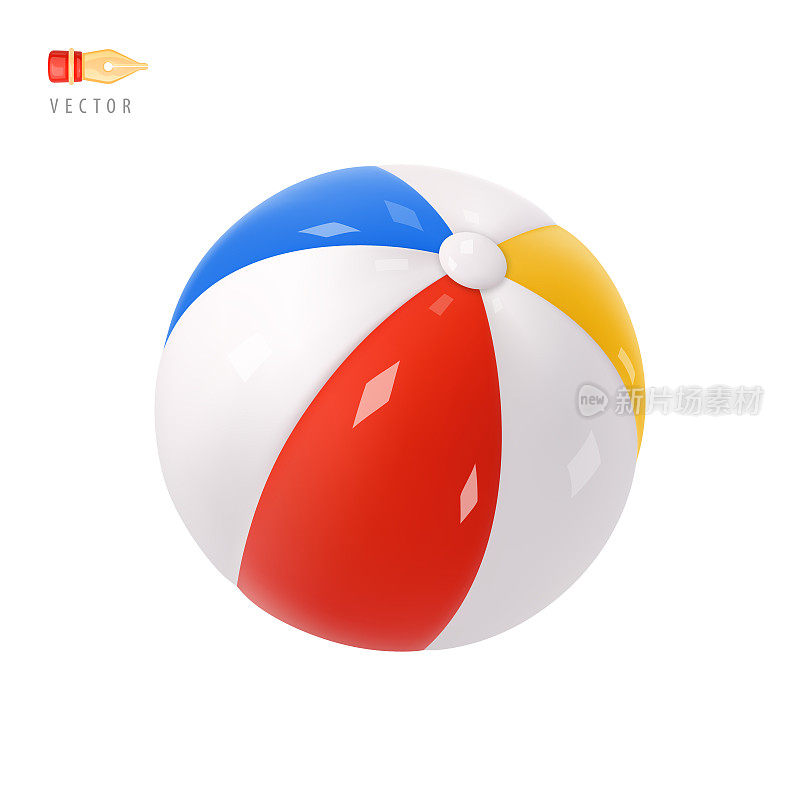 健身球。海滩球。活跃娱乐的设备白、红、蓝、黄条纹沙滩球标志。物体孤立在白色上。逼真的卡通3d图标。表情设计剪辑艺术。3D矢量