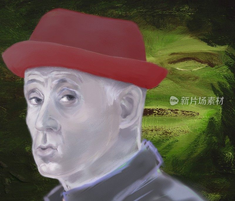 一个戴着帽子的成年男子的肖像，脸上带着怀疑的表情