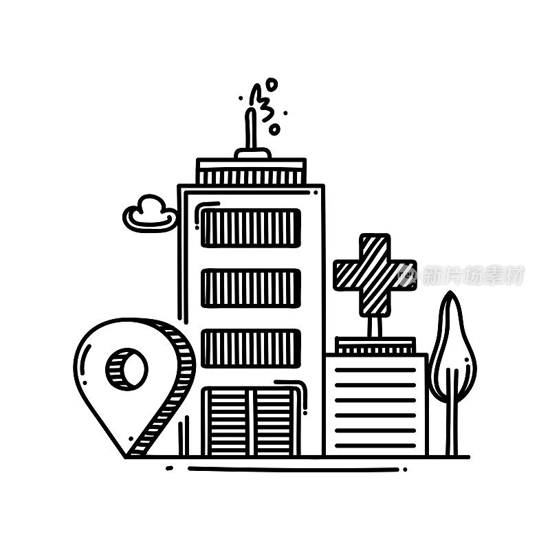 医院位置线图标,草图设计,像素完美,可编辑的笔画。标志、标志、符号。